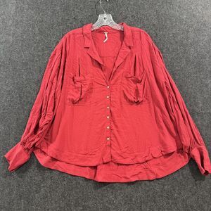 Free People Erin Shirt Women's Small Red Textured Button Front Oversized Blouse